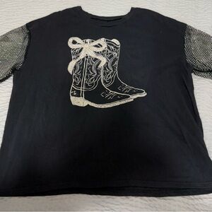Black T-Shirt with Cowboy Boot Design Sequin see through arms NWT